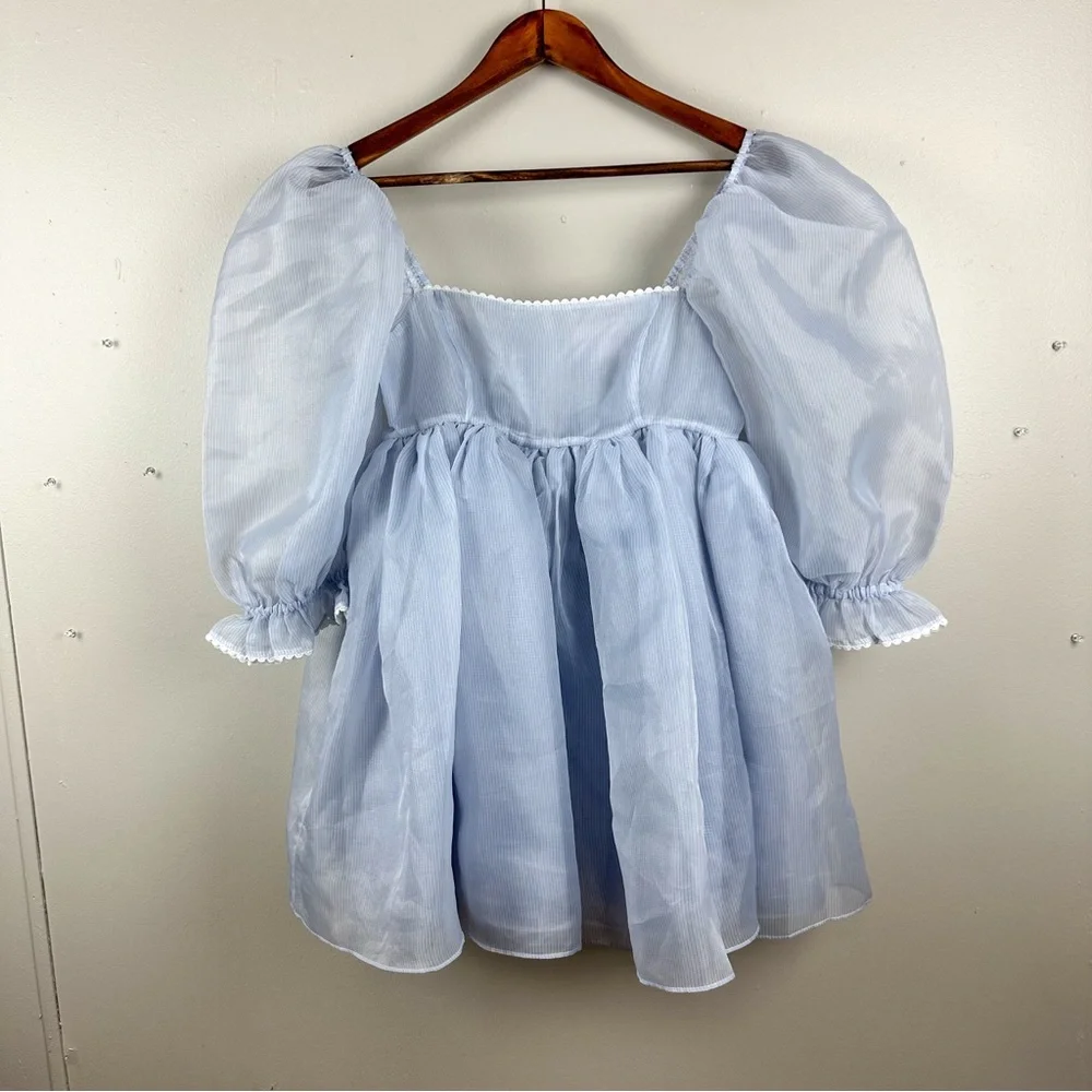 SELKIE The Puff Dress Sheer Blue Babydoll Pinstripe Dress Size Small - Picture 11 of 17